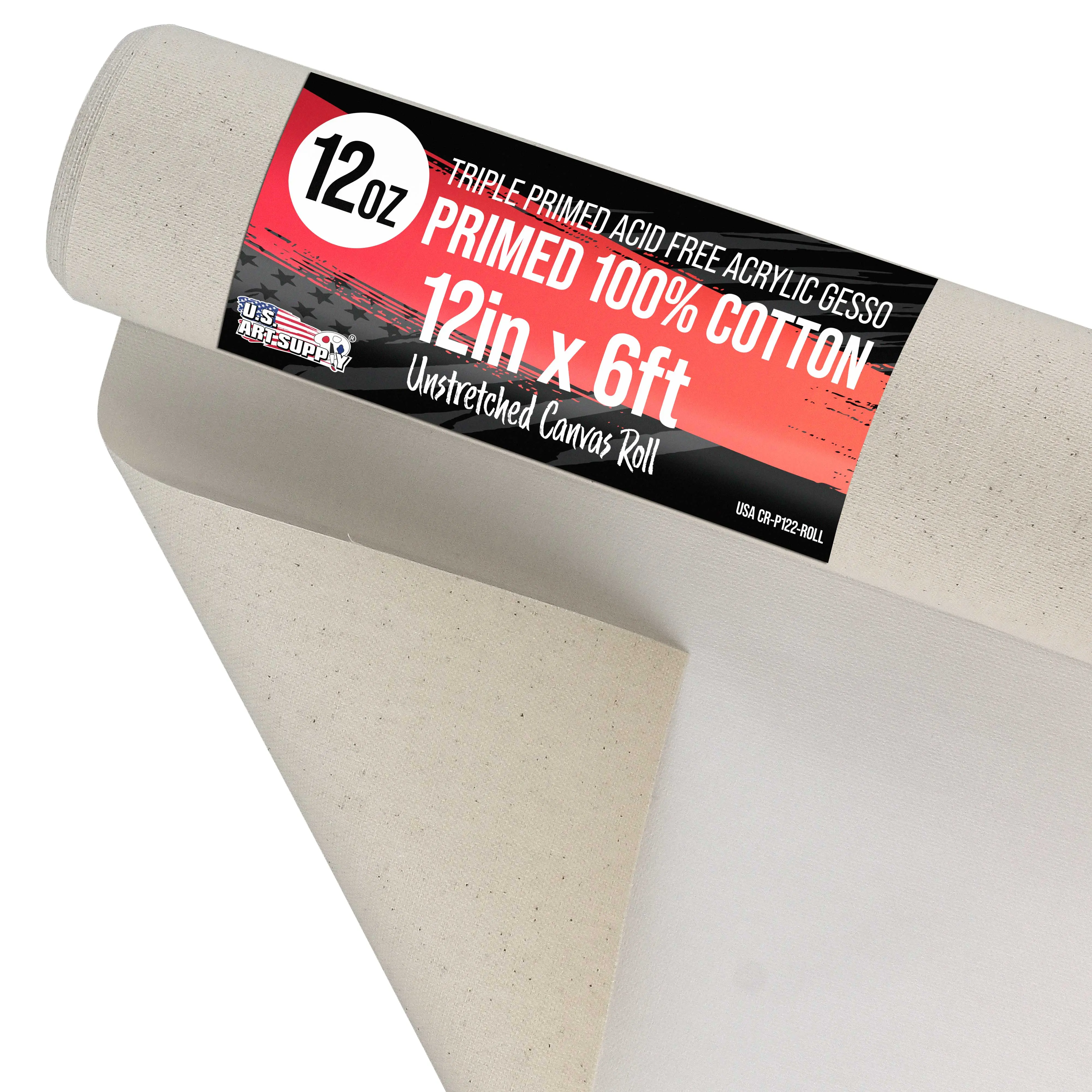 U.S. Art Supply 12-Ounce Triple Primed Gesso 12" Wide x 6' Long (2 Yards), 100% Cotton, Acid-Free - Unstretched Canvas Rolls for Painting, Oil & Acrylic, Murals - Cut To Frame Size