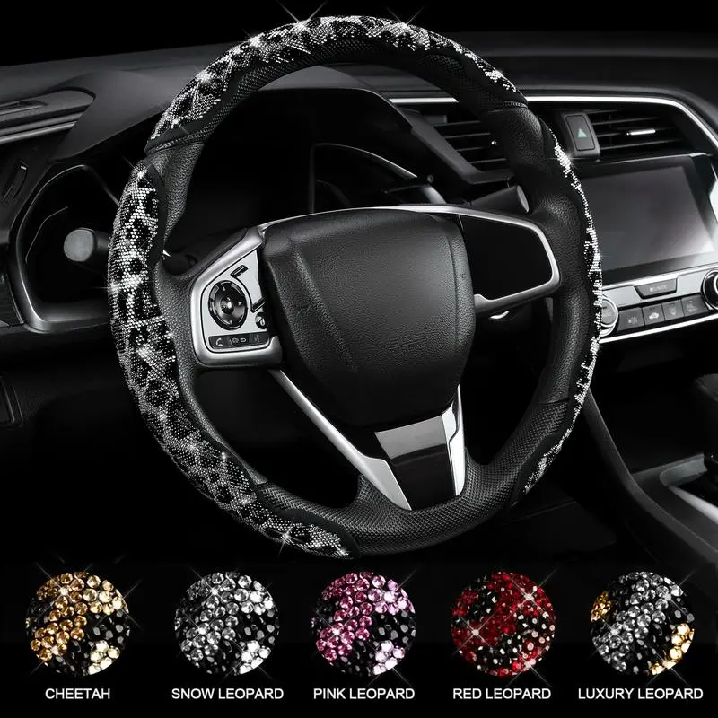 Leopard Universal Steering Wheel Cover with Crystal Rhinestones Diamond Bling Car Cheetah Decor Gift for Girls Women Pink Red Black Leopard Car Accessories for Truck SUV