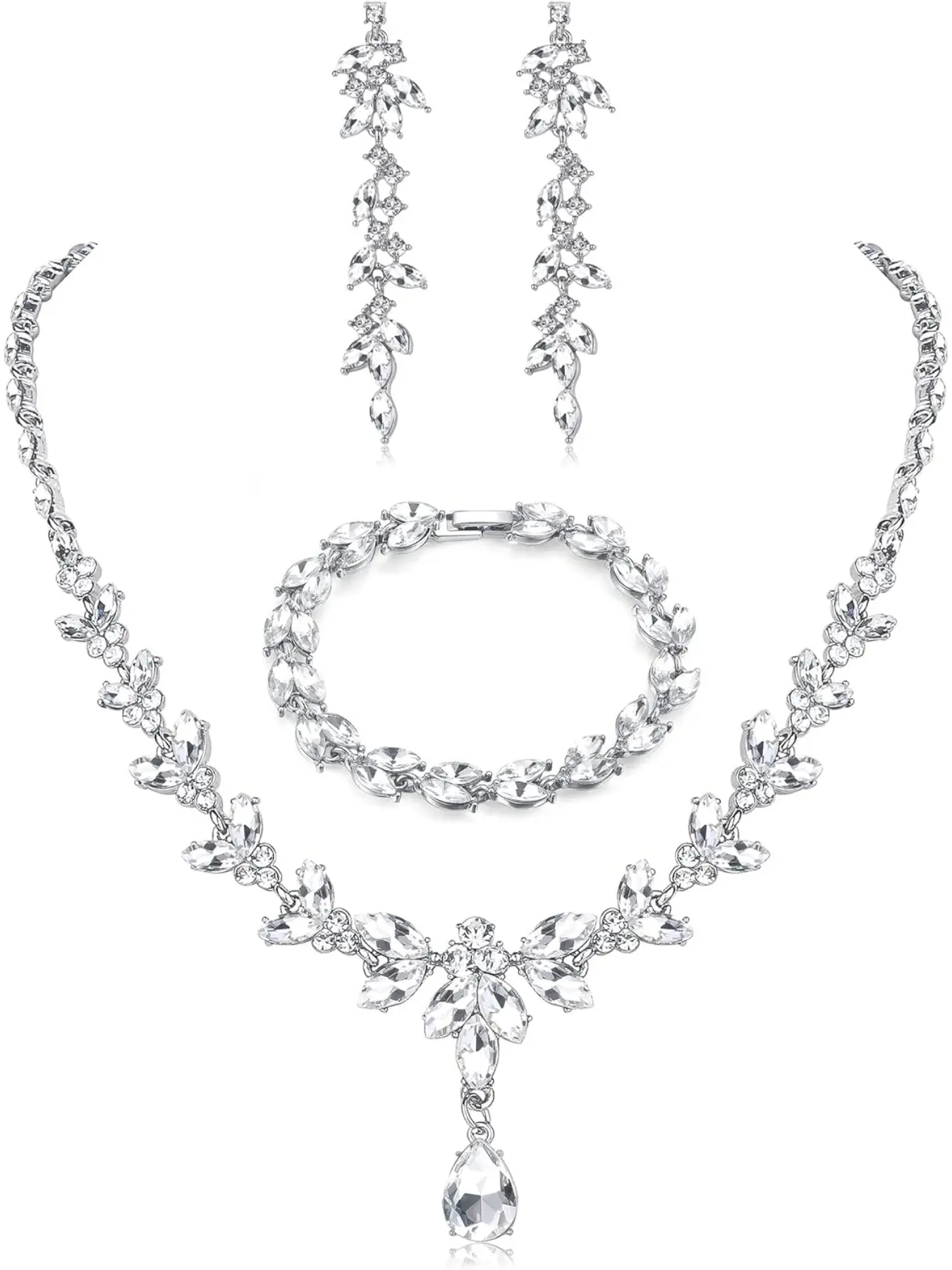 Prom Jewelry Set Necklace Dangle Earrings Bracelet Bride Bridesmaid Crystal Bridal Jewelry Set for Wedding Rhinestone Engagement Party Prom Jewelry Set for Women