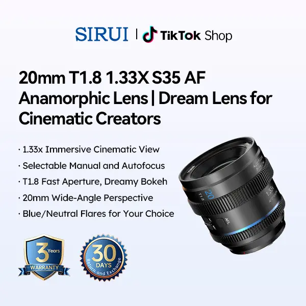 SIRUI 20mm T1.8 1.33X Anamorphic Lens, S35 Autofocus Lens for E/L/MFT/X/Z Mount Cameras, Neutral/Blue Flare