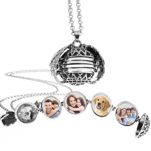 Antiqued Expandable 4 Photo Ball Locket With Chain