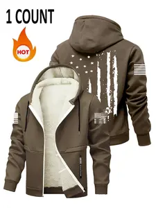 Men's American Flag Lamb Fur Hooded Jacket, Vintage & Trendy, Zip Design, Easy On/off, Temperature Adjustable, Fall&winter Fitted Style Coats