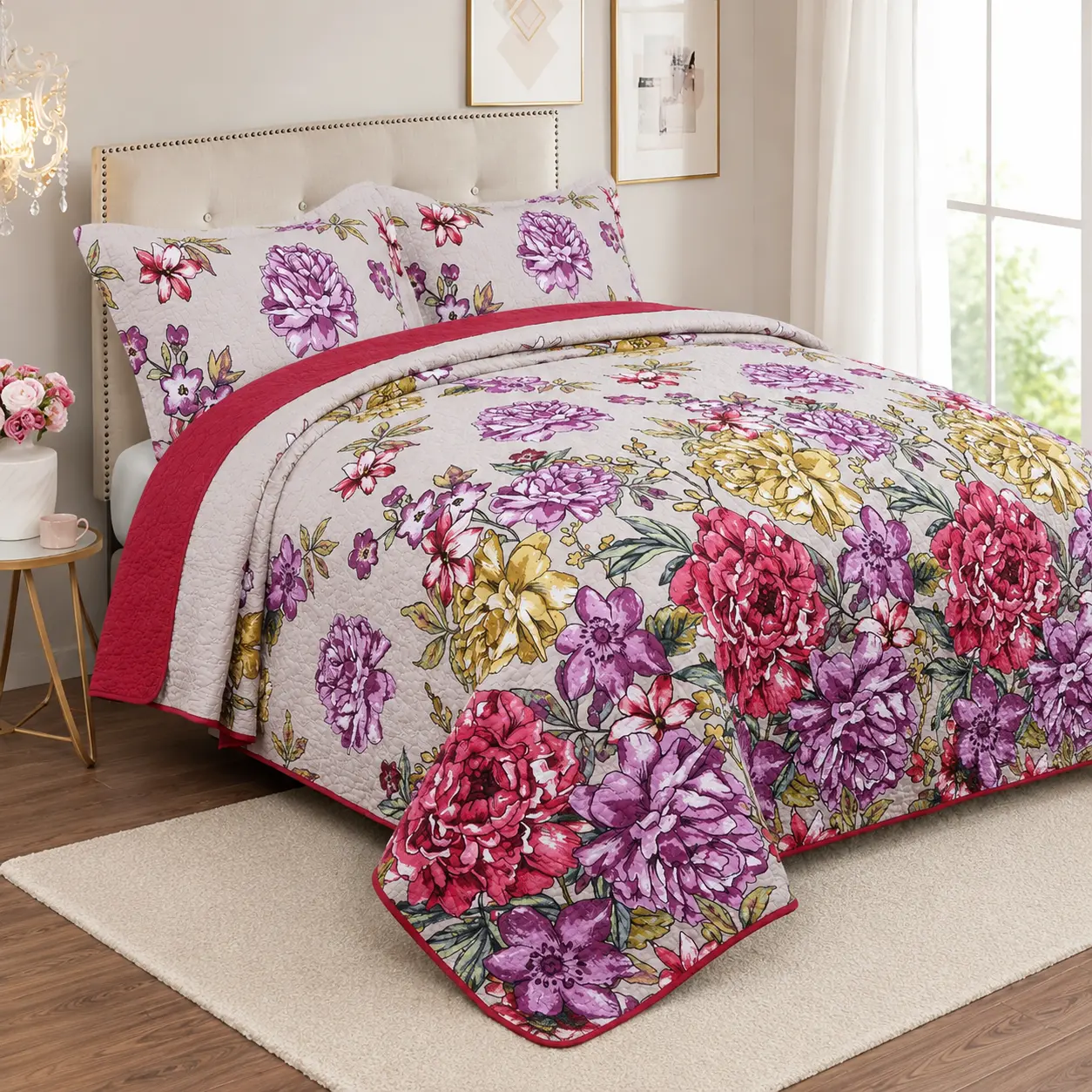 100% Cotton Vintage Floral Print Quilt Set - 3-Piece Bedding Set with Quilted Texture Coverlet, 2 Pillow Shams for Queen, King Size Bedroom Decor