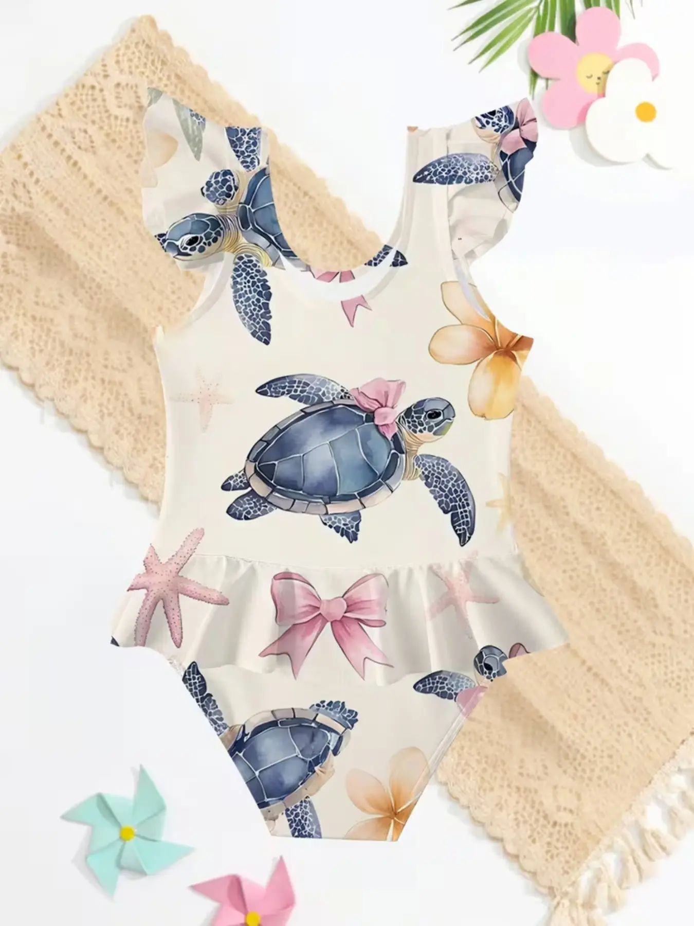 Girls' Random Print Full-Print Digital Fashion Fantasy Spring Summer Clothes, Turtle Flower Starfish Bow Swimwear, Casual Holiday, Flower Print Swimsuit, Childrens Swimwear