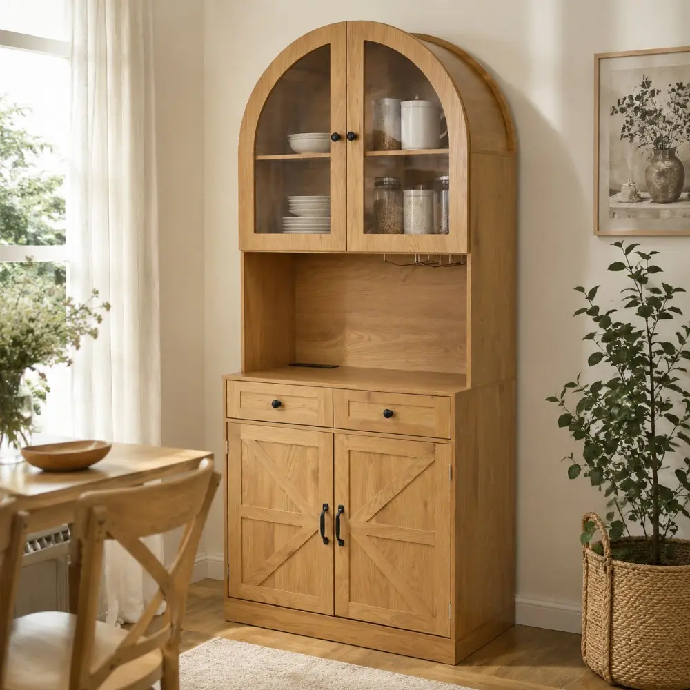 Littleox 75" Farmhouse Tall Arched Pantry Cabinet with Charging Station, Adjustable Shelves, Coffee Bar with Open Countertop for Kitchen, Dining Room, Living Room, Oak