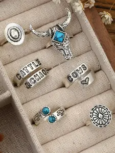 Alloy Vintage Western Style Turquoise Bull Head Cactus Ring Set, Boho Jewelry Collection, Unique Gift Idea for Women & Girls