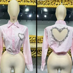 Mauve Rhinestones Heart Cropped Shirt long sleeve