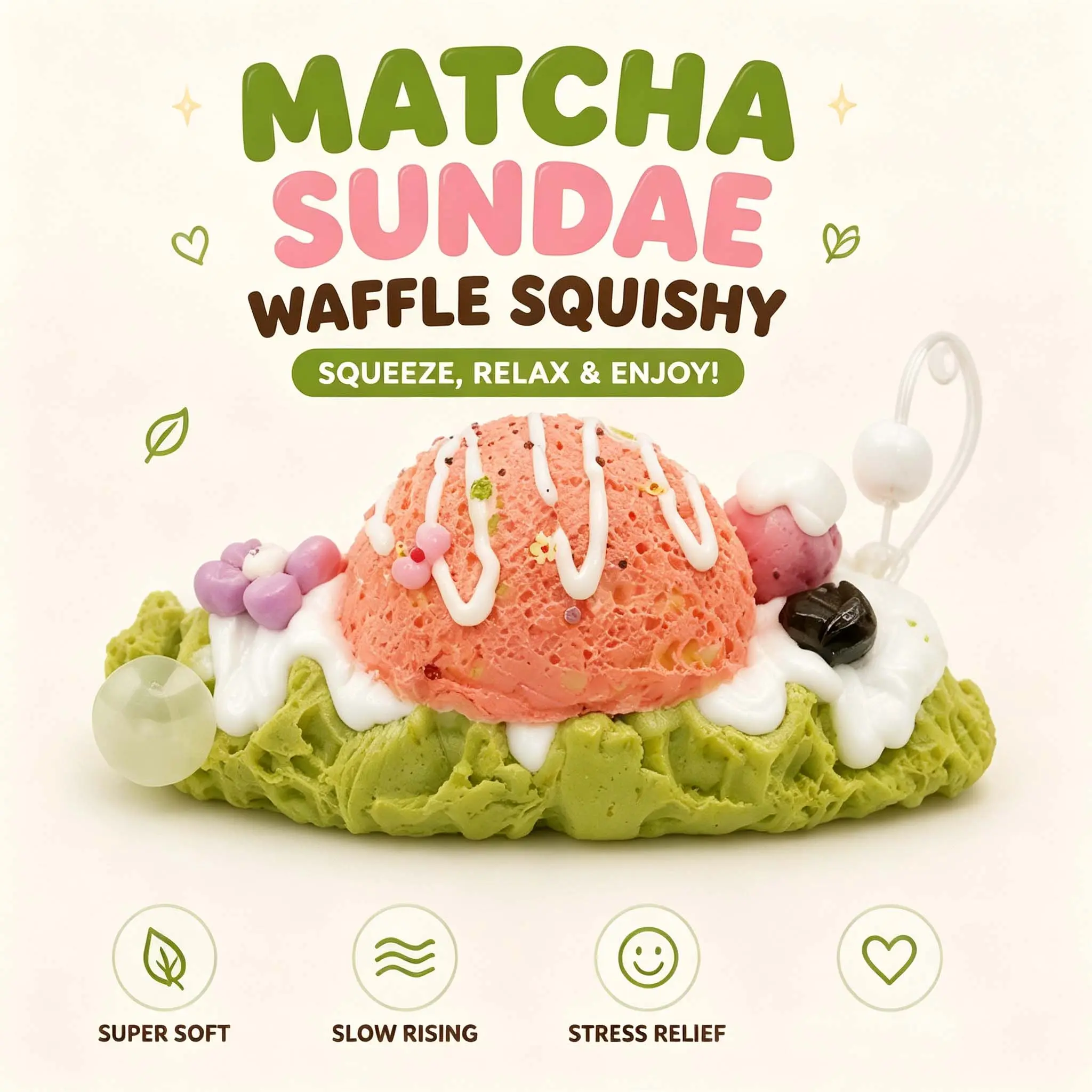 Matcha Sundae Waffle Squishy Slow Rising Kawaii Stress Relief Scented Squeeze Toy Keychain Gift