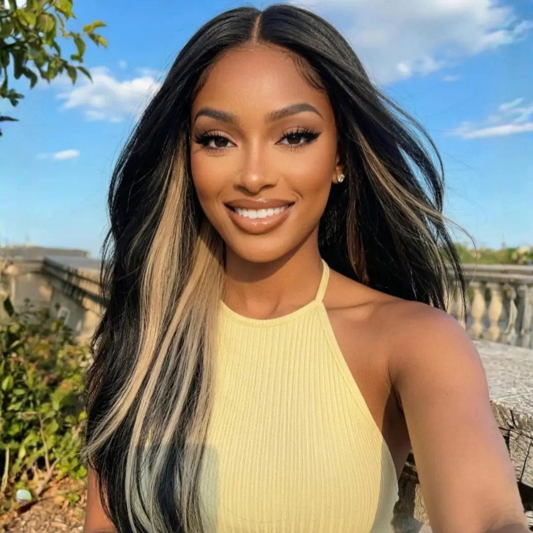 Sunber 7x5 Pre Cut HD Lace Black With Blonde Peekaboo Highlights Layered Straight Human Hair Wig Glueless No-Slip With Invisible Drawstring Beginner-Friendly Summer Wig