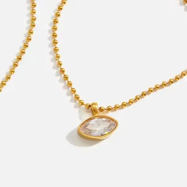 CORONÉ Marquise Bezel Ball Chain Necklace for Women Stainless Steel Hypoallergenic Tarnish-Free Waterproof