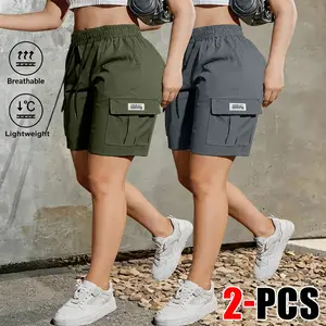 2-pack women’s summer fashion casual solid-color cargo shorts with drawstring waist and pockets, minimalist large patch pocket design; suitable for outdoor leisure, sports, and everyday stylish outfits—an ideal gift for a girlfriend Summervibes fathersday
