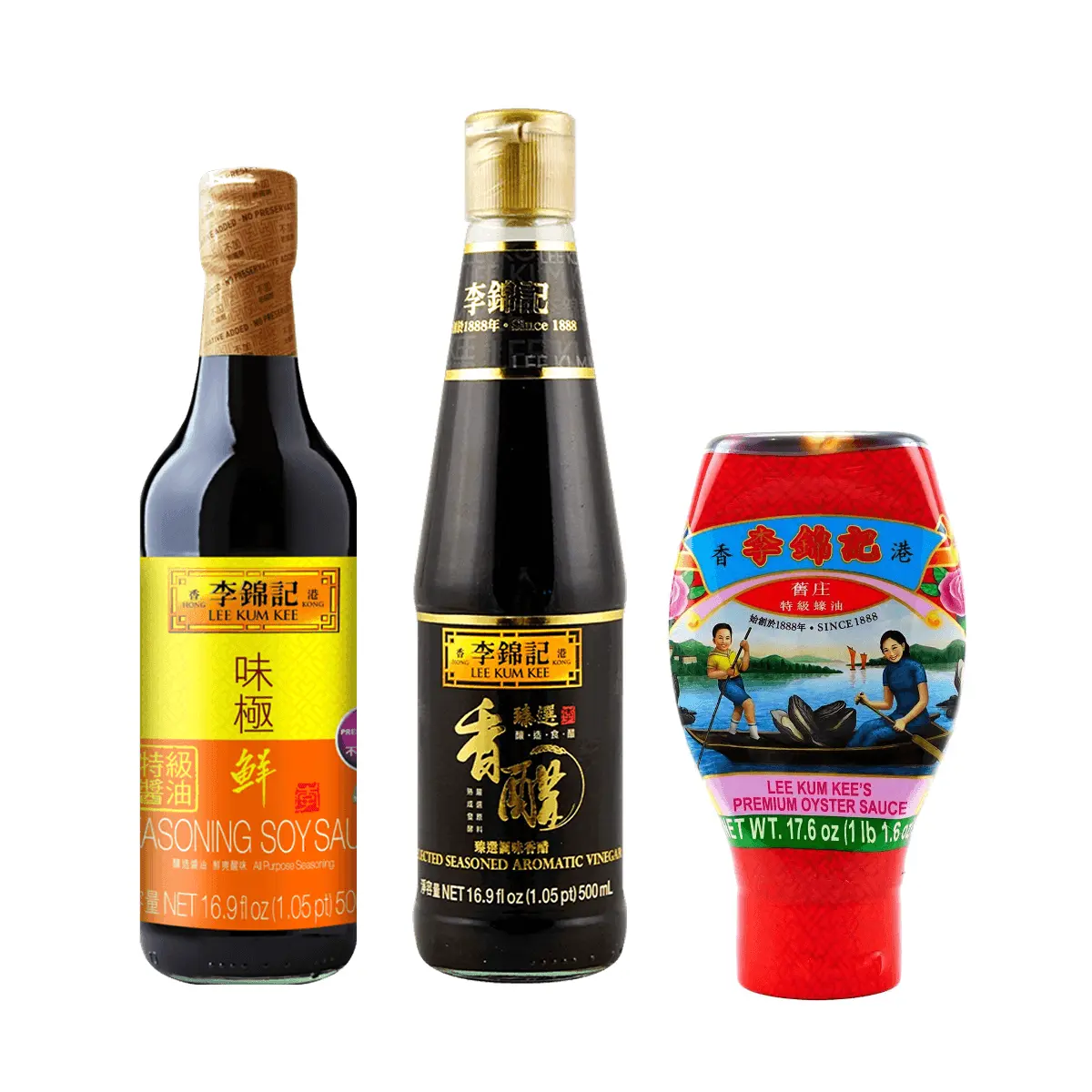 Lee Kum Kee Soy Sauce, Black Vinegar & Oyster Sauce Set - 3-Piece Kitchen Essentials Trio for Cooking & Seasoning, 500ml/500g Value Pack