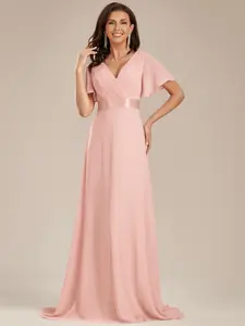 Ever-Pretty 2026 Elegant Chiffon Maxi Gown with Deep V-Neck, Flutter Sleeves and Satin Waistband for Wedding Guest dress , Bridesmaid Maxi Dress with Short Flutter Sleeves 09890 Elegance Womenswear