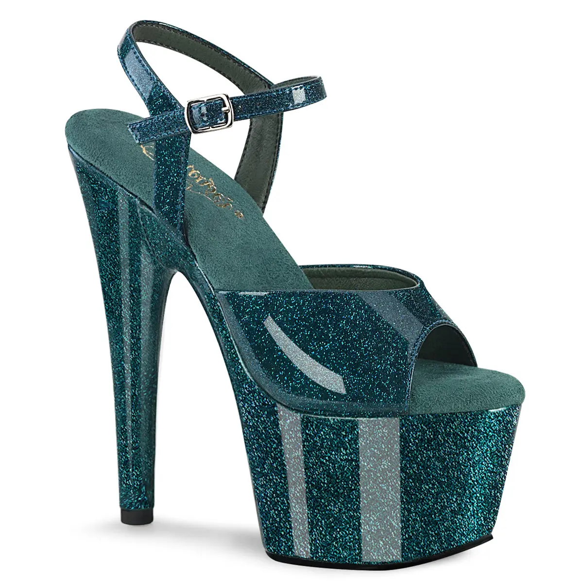 Women's Elegant Teal Glitter Platform Sandals - Open Toe Adjustable Strap Synthetic High Heels, 7in Heel, 2.75in Platform, Adore-709gp for Stage & Pole Dance Party Wear