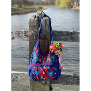 Traditional Mexican Floral Embroidered Bag. Morral Solei with Frida Tassel