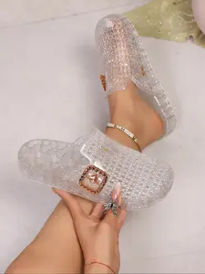 Transparent Rhinestone Buckle Jelly Slippers for Women, Summer Outdoor Thick Sole Anti-Slip Sandals, Thick Soled Slippers, Versatile Casual Cool Slip-Ons, Slide, Pu Leather Slides, Shoe, Footwear