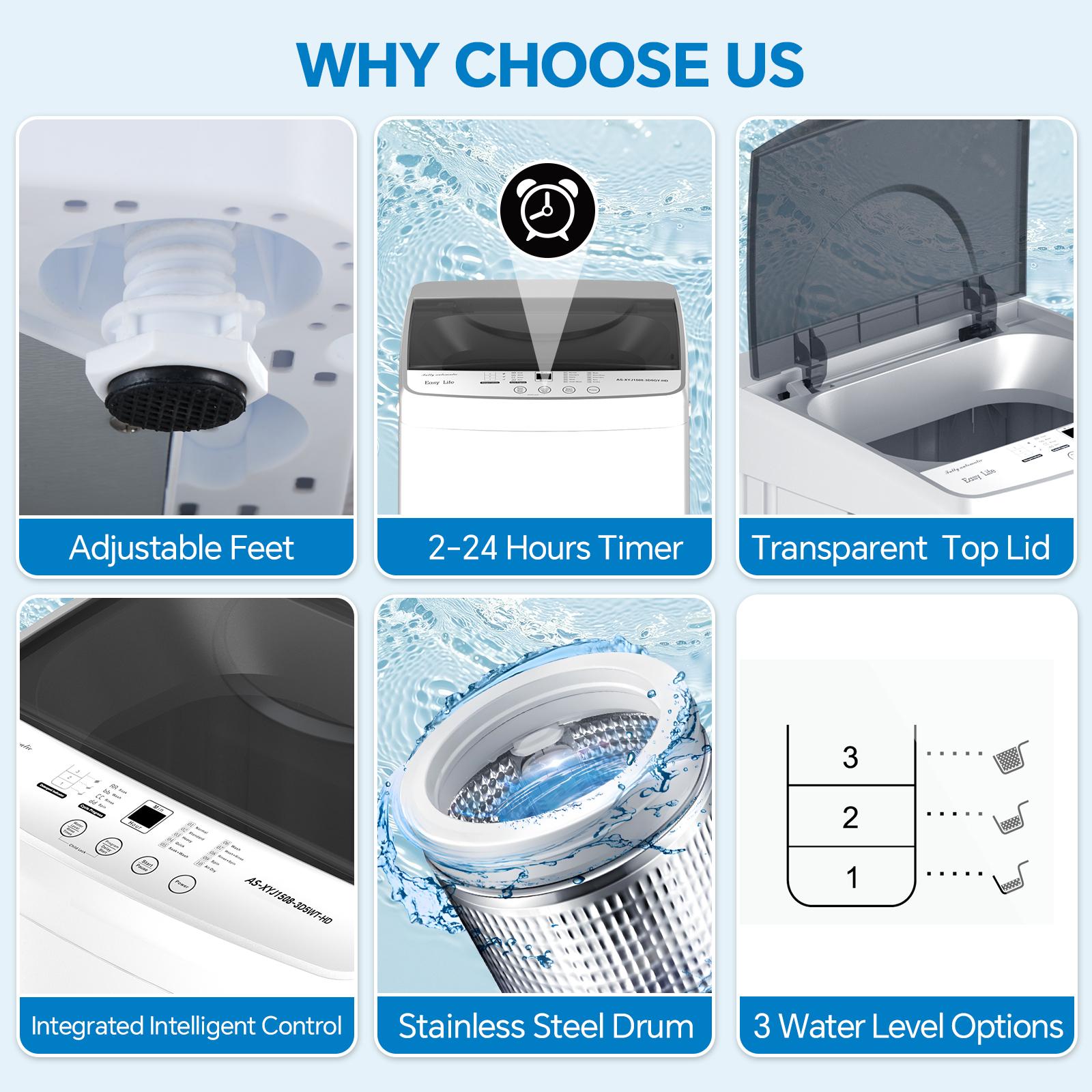 Washing Machine Portable Compact 7.7lbs Capacity Full-Automatic W/Drain Pump,10 programs 10 Water Level 1.34 Cu.ft Cloth Washer and Spinner Portable washing machine, 7.7 pounds, fully automatic compact model, stainless steel tub, 10 washing modes