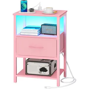 Pink Night Stand with  Station, LED Nightstand for Bedroom, Bedside Tables with Adjustable Fabric Drawer, 3-Tier End Table Living Room, Small Side Table with Storage
