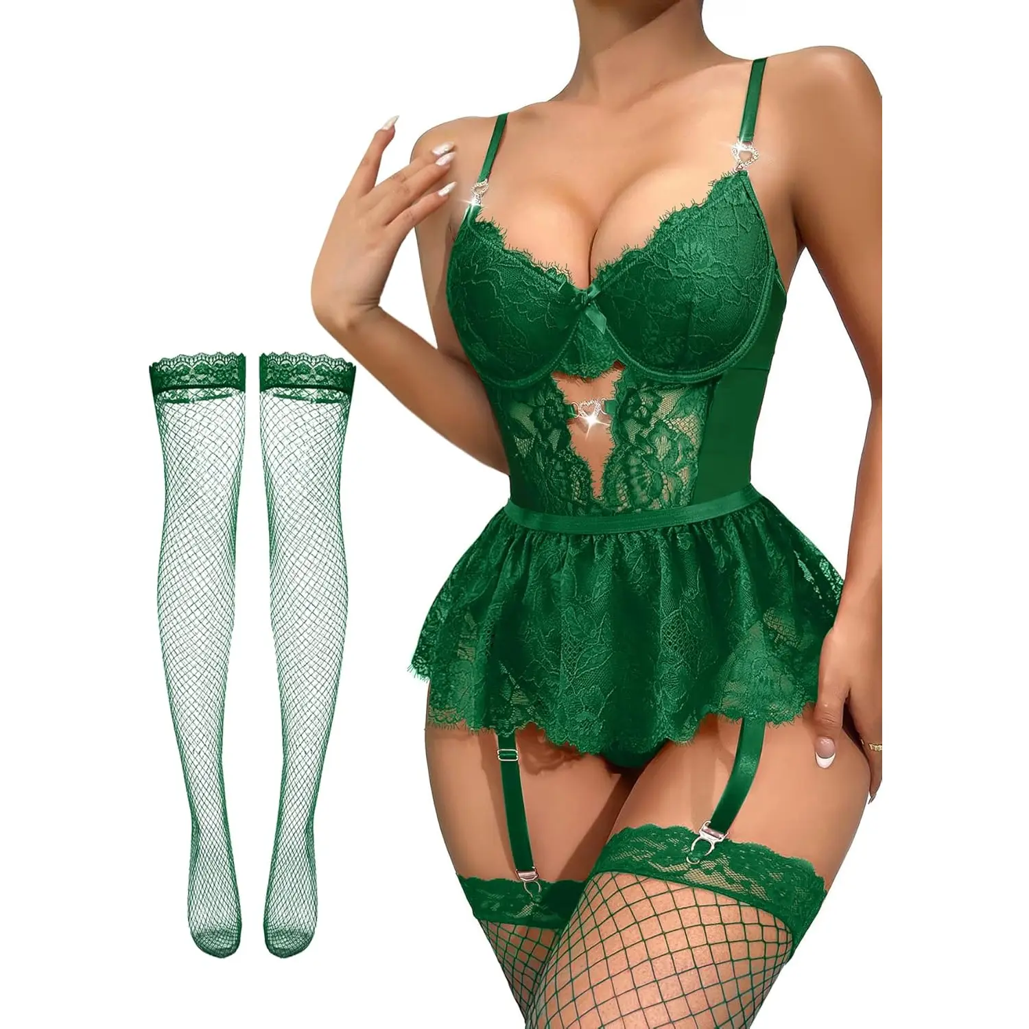 Lilosy Lingerie for Women, Elegant Floral Lace Bodysuit Babydoll with a Rhinestone Heart Garter, Sheer Skirt & Underwire Support