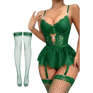 Lilosy Elegant Floral Lace Lingerie Set, Soft Mesh Babydoll with a Rhinestone Heart Garter, Sheer Skirt & Comfortable Underwire Support