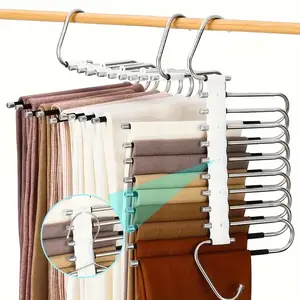 2Pcs Space-saving S-shaped pants hanger, 5-tier non-slip storage organizer with 5 extra hooks, suitable for jeans, leggings, and trousers, increases closet space by 80%. skirt holder