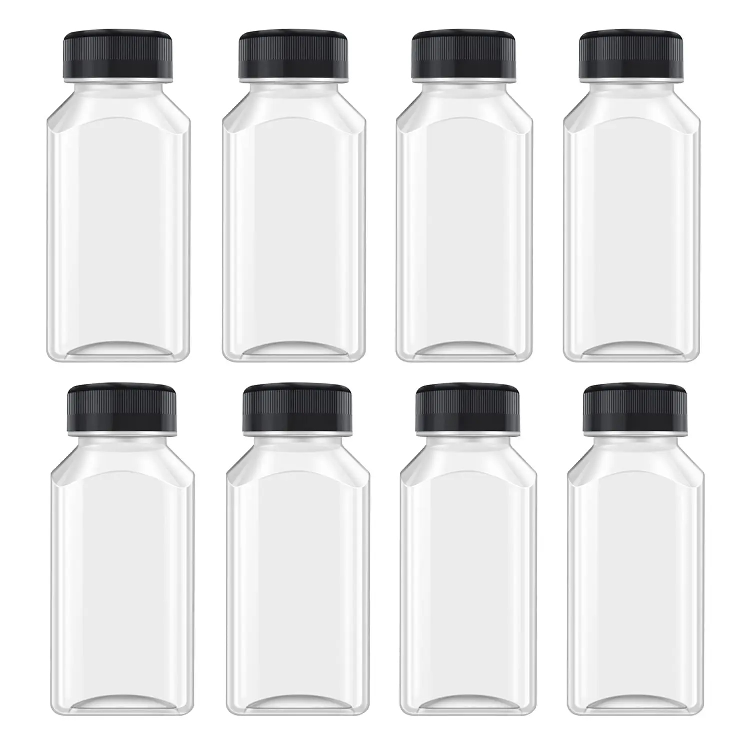 8 count 8 Oz Juice Bottles Plastic Mini Fridge Bottles, Leak Proof, Beverage Containers for Juice, Smoothie, Milk, Black Lid