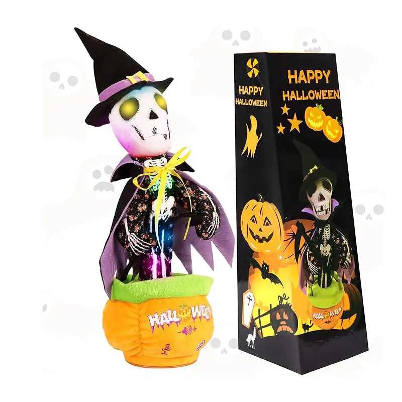 BETTY21 Halloween Dancing Skeleton Pumpkin Plush Toy, Glowing LED Singing Talking Repeats What You Say Animated Decor, Electric Shake Dancing Pumpkin Pot Doll, Halloween Party Home Table Decor Prank Gift for Kids Adults