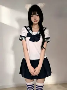 JK School Uniform Cosplay Outfit Womenswear Adult Roleplay Costume Cute, Preppy Anime Style Fitted Striped Short Pleated Skirt Set Sailor Collar Top Kawaii Japanese Inspired Party Wear Comic Con Halloween Performance Outfit for Women Cosplayers Performers