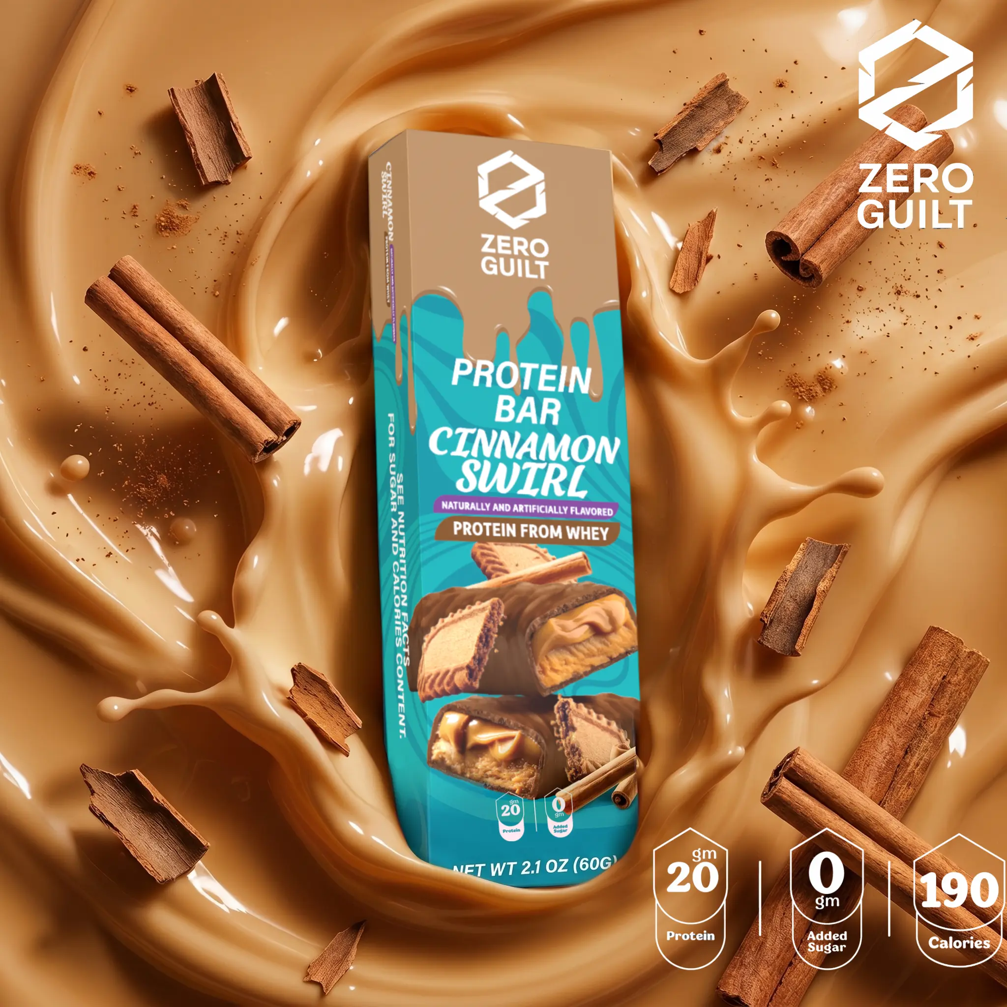 ZERO GUILT Cinnamon Swirl 20G Protein Bar, ZERO Added Sugar, 60g Net Weight - 12 Pack, Snacks, Ready To Eat Snacks