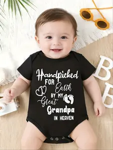 My Great Grandpa in Heaven" Handpicked Soft Cotton Youngsters Onesie with Footprint & Letter Design, Casual Round Neck, Summer Romper for Youngsters Short Sleeves Newborn, Bodysuit For Youngsters