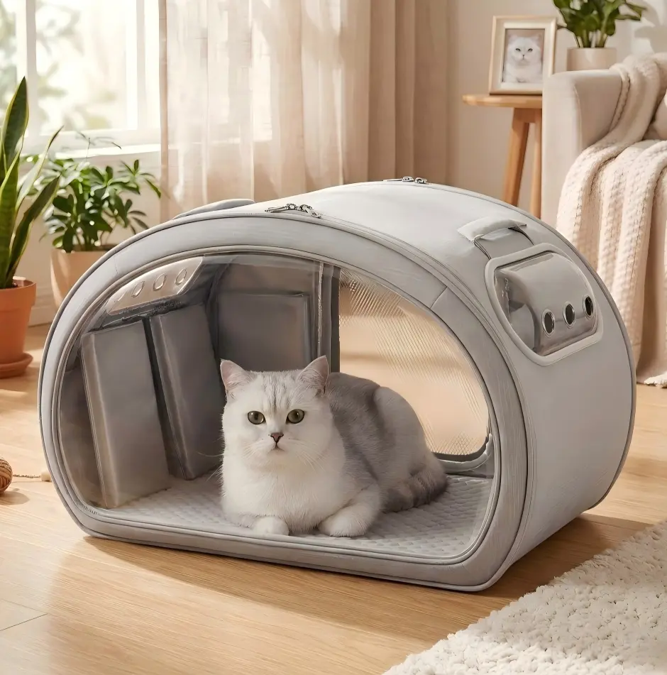 Pecute Cooling Cat House-Small Pet Bed with Cooling Mat, 6 Ice Packs, Aluminum Film Insulation, Waterproof Steel Frame, Breathable, Sturdy, Folds Flat, Full-View Window for Hot Summer Days