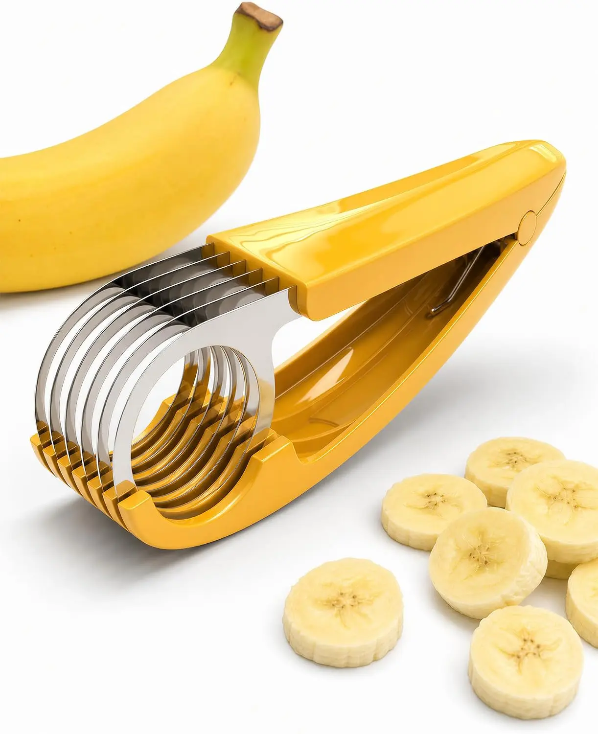 Banana Slicer Stainless Steel Fruit Cutter, ABS Banana Cutter & Fruit Slicer, Kitchen Gadget Food Prep Tool for Bananas, Strawberries & Grapes, Vegetable Cutter for Fruit Salad & Meal Prep
