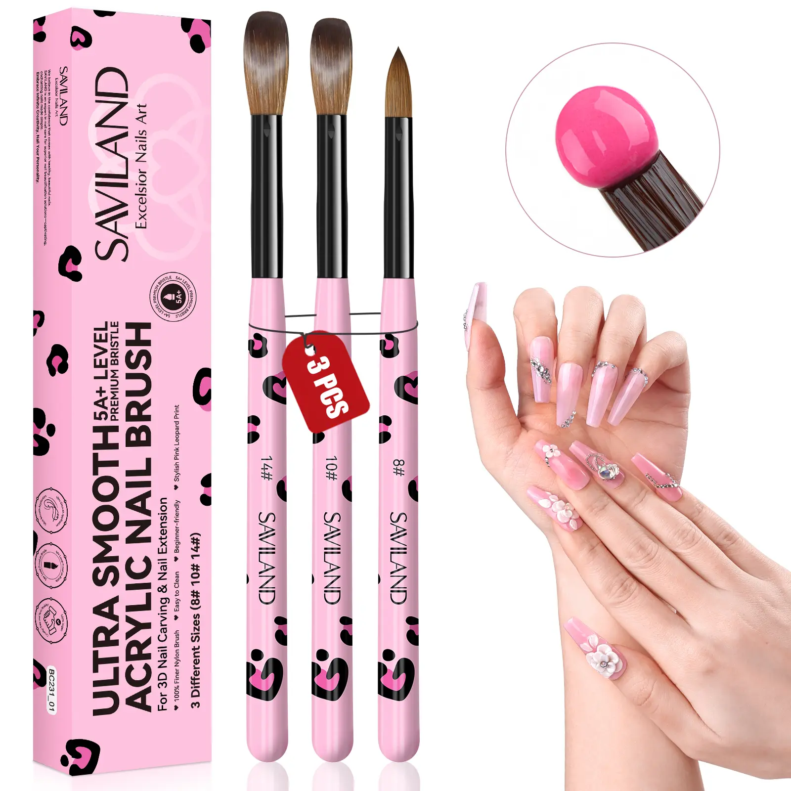 SAVILAND Acrylic Nail Brush Set: 3 Professional Brushes (Sizes 8/10/14) for Acrylic Powder Application Nail Extensions 3D Nail Carving