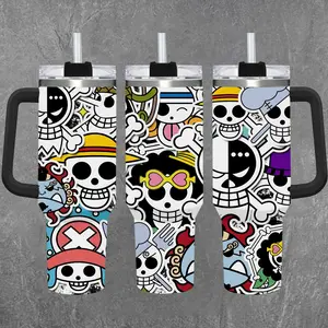 [One Piece] Pirate Anime Team Skull Crew 20oz & 40oz Tumbler With Handle – Anime Gaming Stainless Steel Cup, Insulated Iced Coffee Mug, Aesthetic Design, Trendy Drinkware, Daily Use, Gift Idea, Fan Favorite, Gift For Otaku & Anime Fans