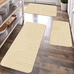 JIT 2/3 pieces of plain yellow bottom stripe pattern flannel carpet set for kitchen, flannel bedside set floor mat, non-slip washable bedside soft carpet, suitable for kitchen, laundry room, corridor floors, running pad carpet, Hallway Runner Rug