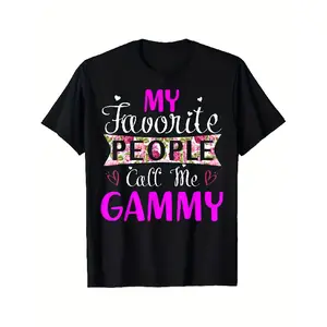 Plus Size - Gammy Love Women'S Retro Graphic T-Shirt |   Black with Pink and White Print, My Favorite People Call Me Gammy, Floral and Heart Design, Round Neck, Short Sleeve, Casual Tee, Machine Washable