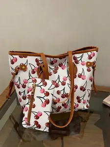 Cherry Print Large Capacity Tote Bag, Casual Canvas Shoulder Bag, Fashion Commute Women's Bag, Includes Matching Wallet, Versatile Daily Use