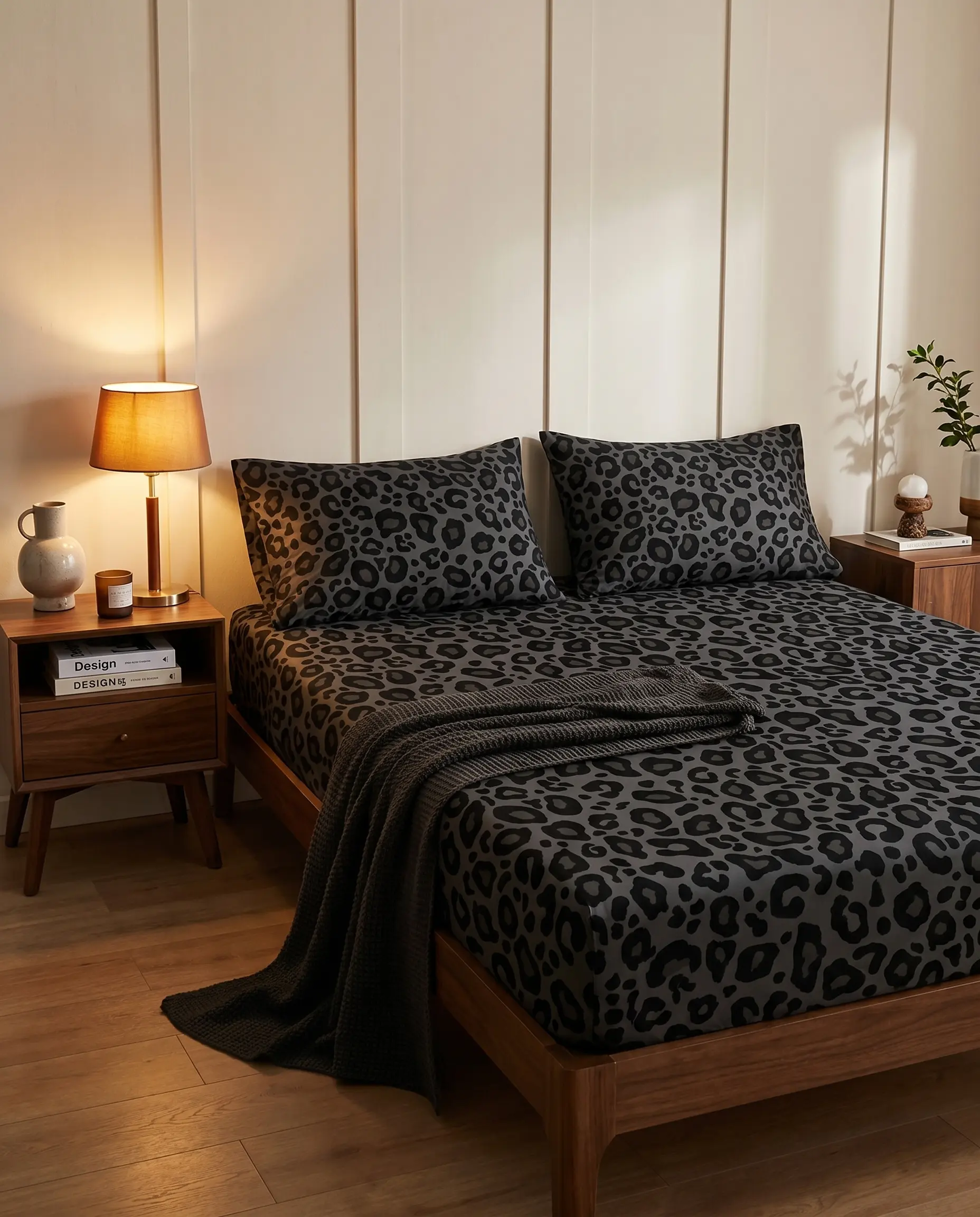 Dark Leopard Print Bedding Set (3pcs) - Dark Aesthetic Gothic Animal Print Bedding, Cooling, Ultra-Soft, Breathable, Wrinkle Resistant, Skin-Friendly, 1 Bedsheet + 2 Pillowcases, 27cm Deep Pocket No-Slip Fitted King Mattress Cover for Home Decor