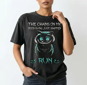 Comfort Color 1717 A Nice Gear Women's Casual Round Neck Relaxed Fit T-Shirt, Black Cat Graphic Top, Sarcasm "The Chains On My Mood Swing Just Snapped Run" Print, Vintage Washed Cotton, Halloween Gift for Cat Lovers, Streetwear Tee