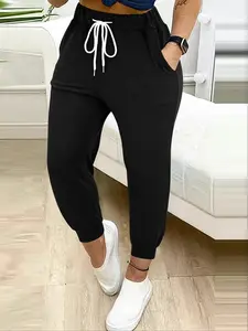 High Waist Elastic Sports Pants with Drawstring, Elastic Waist Sweatpants, Casual Loose-Fitting Workout Bottoms for Running, Comfortable Athletic Wear