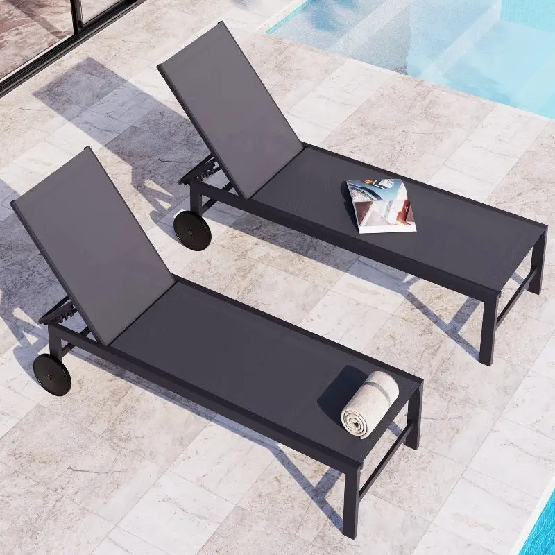 Walsunny Patio Lounge Chairs, Outdoor 2 Pieces Texilene Furniture With Wheels, Ergonomic Design, Folding Adjustable, Black