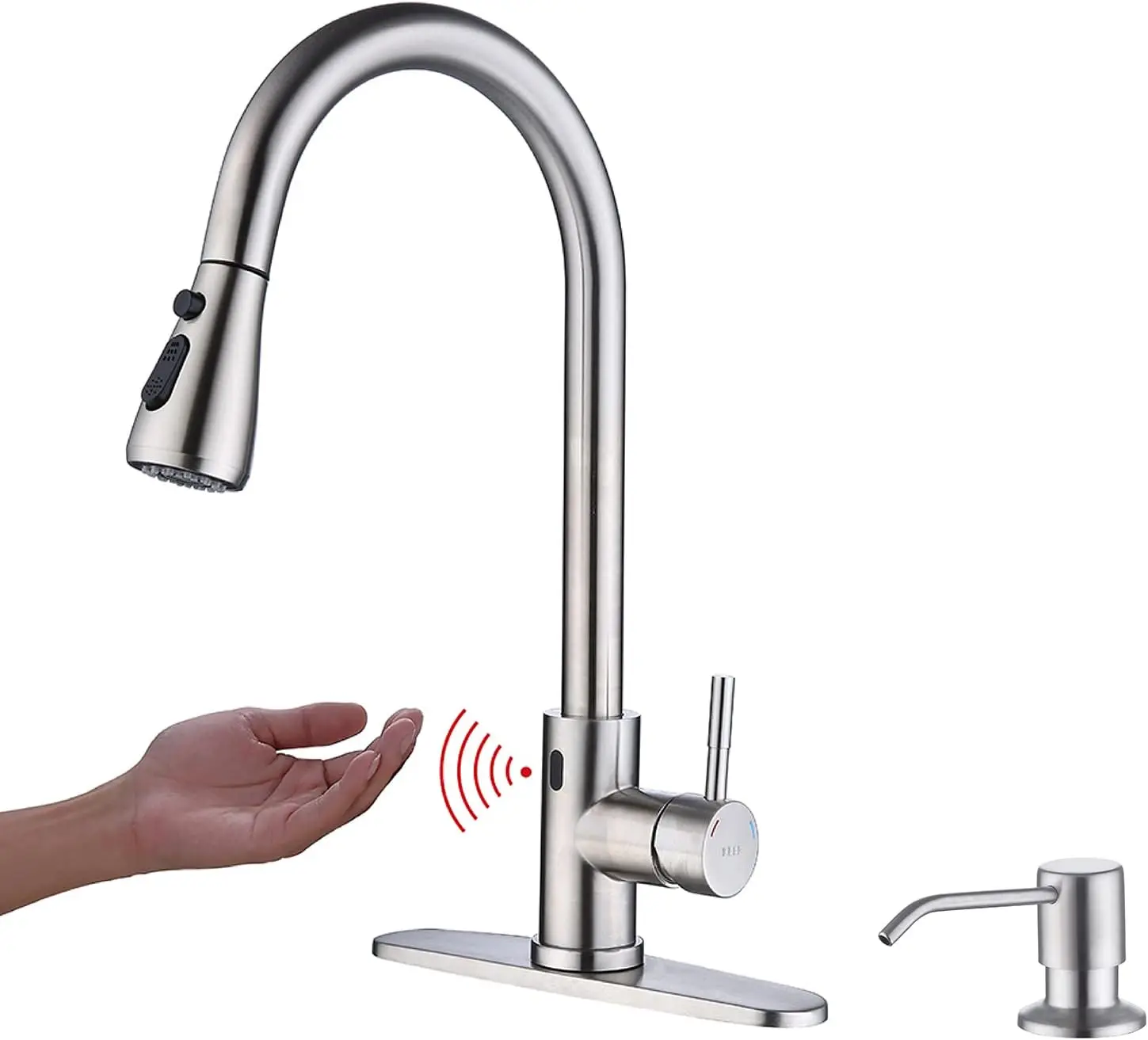 Brushed Nickel Single-Handle High-Arc Touchless Kitchen Faucet with Pull-Down Sprayer, Motion Sensor, Built-In Soap Dispenser for Kitchen Sinks, RVs