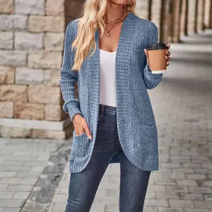 Women's Mid Length Ribbed Knit Cardigan Open Front Casual Sweater with Pockets Springfresh