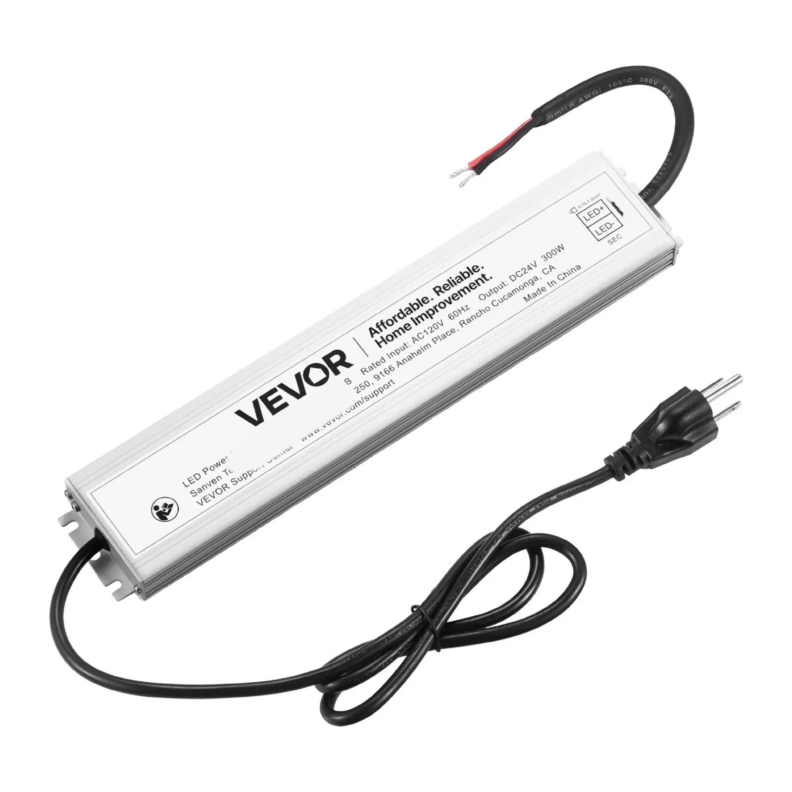 VEVOR High-Performance Plug-In LED Driver, 300W 24V DC Low-Voltage Aluminum Transformer, Compact Waterproof IP67 Power Supply for Outdoor Lighting, Displays, Industrial Settings, Indoor