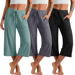 Pack Capri Pants for Women Wide Leg Lounge Yoga Cropped Pants Summer Casual Loose Capris with Pockets