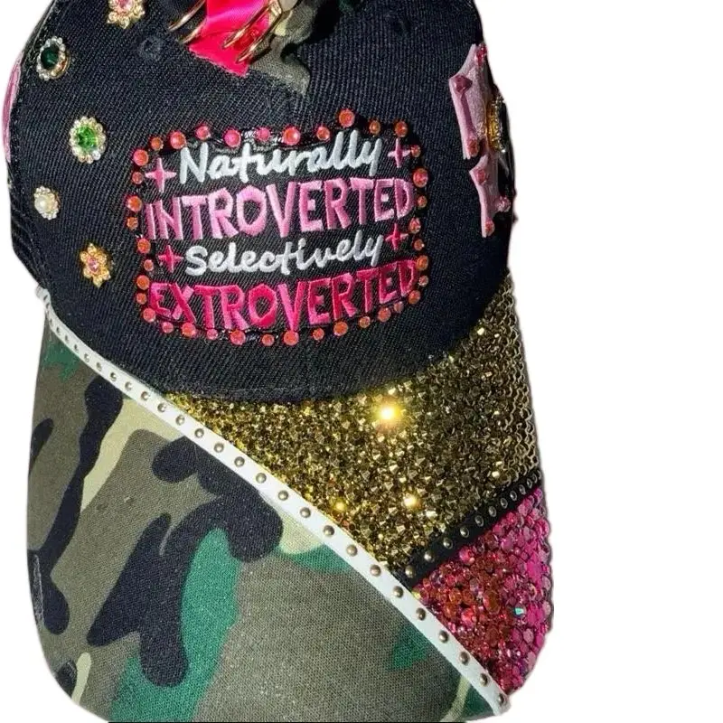 Loved By Charmz Rhinestone Trucker Hat - Naturally Introverted Selectively Extroverted Embellished, Adjustable Snapback, Bedazzled, Color-Variant, Camo Brim, Casual Style Headwear for Fashion Accessories, Rhinestone Hats, Color-Variant Hats