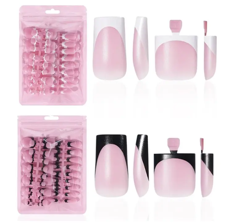 4 Design French Soft Gel Toe Nail Tips Set,120Pcs White Pink Black Full Cover Square Tip Press on Nails & Press on Wider Toenails for Women Home Diy Salon 15 Sizes