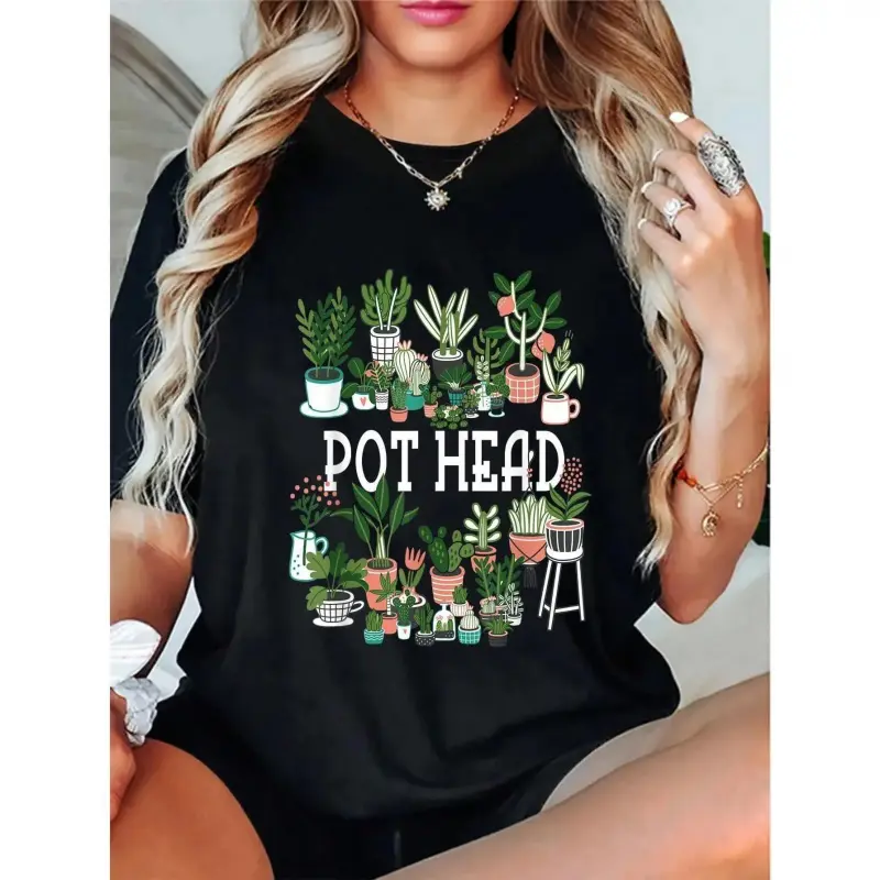 Unisex Round Neck Shortsleeve Funny T-Shirt - Plant Print, Breathable Fabric, Succulent Pot Head Graphic, Playful Look, Casual Fit Sports & Outdoor Top for Plant Lovers Gardeners