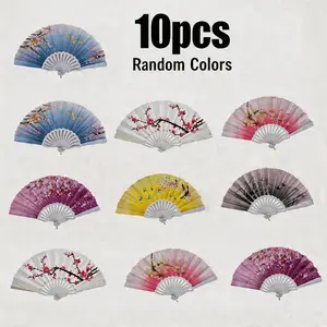 10 Pcs Printed Plastic Fan Set, Dance Folding Fans, Portable Folding Fan, Floral Party Fans, Performance Props, Photography Accessories, Event Decorations, Hand Fan