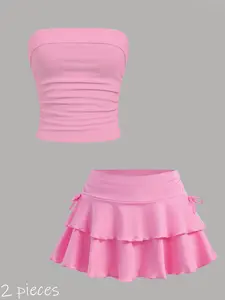 A 2-piece set of casual Fitted Tube strapless top and skirt for teenagers, simple and versatile, comfortable for sports, suitable for travel, play and gatherings, suitable for teenagers' clothing
